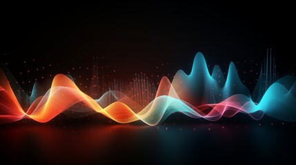 Poster - vibrant 3d sound waves in abstract colorful motion on dark background - dynamic data visualization a