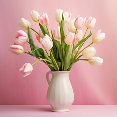 Wall Mural - Bouquet of fresh white and pink tulips in vase on pink background. Still life with beautiful spring flowers