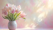 Bouquet of fresh white and pink tulips in vase on pastel color background. Still life with beautiful spring flowers, banner with copy space