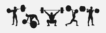 Weightlifting Silhouette Set. Male And Female Athlete, Weightlifter, Sport. Isolated On White Background. Vector Illustration.