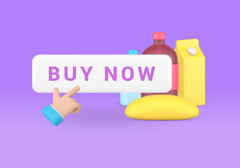 Poster - Buy now grocery online shopping button with business man hand click cursor 3d icon realistic vector