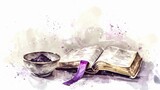 Fototapeta  - Illustration of an open bible with a purple bookmark and a bowl of ashes beside it, representing Ash Wednesday, tranquil and solemn mood, watercolor style