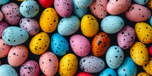A Multitude Of Speckled Easter Eggs Fills The Frame, A Colorful Feast For The Eyes, Ideal For Festive Backgrounds Or Event Decor. Easter Banner, Colourful Egg Background Or Pattern.