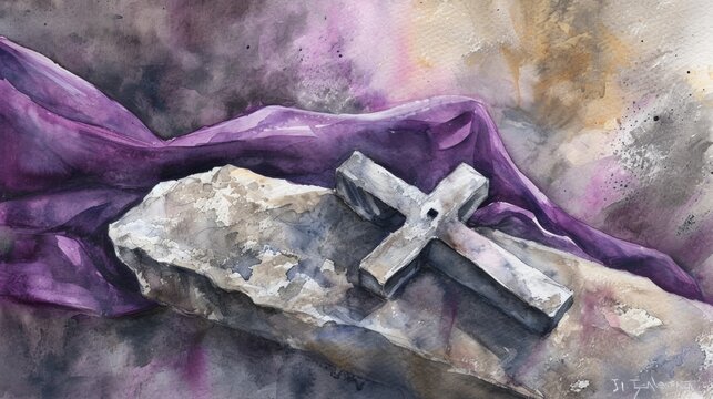 Watercolor painting capturing the essence of Ash Wednesday, with an ash cross on a stone surface and a purple cloth in the background, minimalist and thoughtful