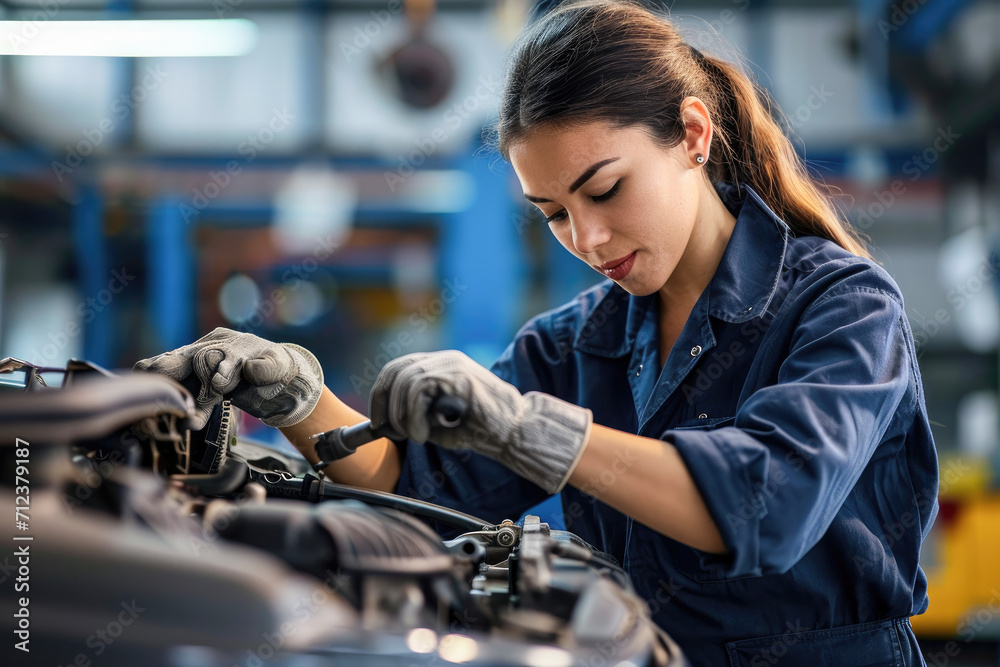 Professional woman mechanic working on car engine in garage. Concept of ...