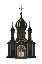 Christian Cathedral, Temple, Church. Religious Architectural Structure. Orthodox Church Building With Onion Domes, Crosses, Bell Tower And Chapel. Black Silhouette. Vector On White Background.