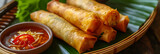 Fototapeta  - Lumpia, a traditional Indonesian snack, consists of vegetable-filled spring roll skin made from eggs and flour in Semarang.