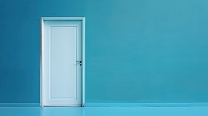 Wooden white door and empty blue wall.