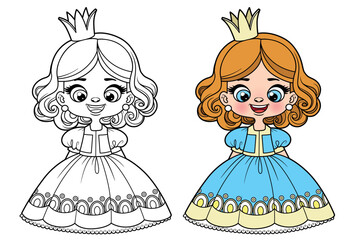 Sticker - Cute cartoon curly haired girl in a princess dress color and outlined for coloring page