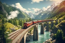 Train Crossing Stone Bridge Over River In Mountains On Sunny Day. Generative AI