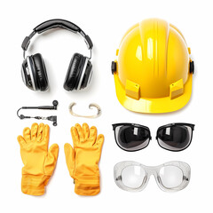 protective helmet and goggles, set of construction helmet and tools, safety equipment, collection  isolated on white, top view 