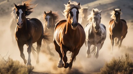 Horses free run on desert storm against sunset sky. Neural network AI generated art