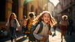 Backpacks and laughter fill the scene as children walk together,  ready for the adventures of the new school year