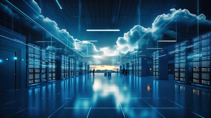 Cloud technology, Feature a futuristic server room or data center with scalable clouds