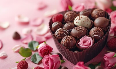 Heart shaped box with tasty chocolate candies and roses on pink background