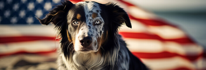 Canvas Print - Dog with america flag on the beach