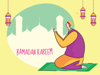 Poster - Ramadan Kareem Greeting Card with Illustration of Muslim Man Offering Namaz and Hanging Lanterns on Silhouette Mosque Colorful Background.