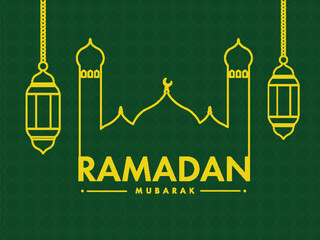 Sticker - Ramadan Mubarak Greeting Card Design with Yellow Linear Style Mosque and Hanging Lanterns on Green Islamic Pattern Background.