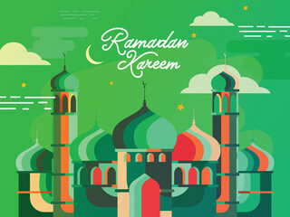 Sticker - Ramadan Kareem Celebration Greeting Card with Colorful Mosque Illustration on Green Background.