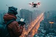 Urban drone traffic controller man with high angle and managing autonomous drone delivery with  futuristic cityscape