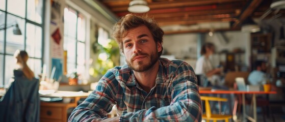 Wall Mural - young creative man in a workshop, candid interaction in  eclectic studio space