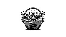 easter basket illustration full of decorated easter eggs and flowers. black and white illustration of easter basket no fill. easter egg illustration simple