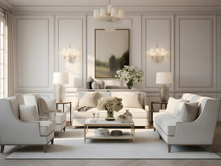 An elegant living room with beige sofas and chair