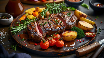 Wall Mural - Steak With potatoes vegetables and steak sauce on a plate Generated