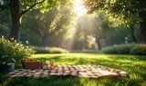 Fototapeta  - delightful picnic scene set in a serene park, bathed in golden sunlight. A soft, checkered blanket spreads across the lush green grass