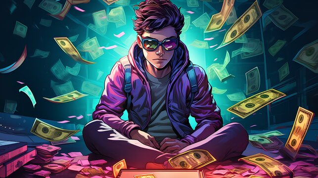 The gamer and lots of money illustration