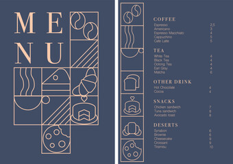 Cafe design menu. Coffee drinks menu price list for cafe, coffee shop vector template. Coffee linear print. Pattern with coffee theme in geometric minimalistic style. 