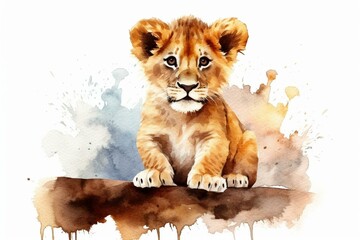 Wall Mural - Watercolor isolated lion cub on white background. Generative AI