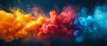 Splash Or Explosion Of Multicolored Paint On Black Background, Swirl Of Watercolor Or Colored Powder, Abstract Pattern Of Bright Colorful Water. Concept Of Spectrum, Wide Banner, Holi