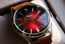 Mechanical Automatic Watch With Red Clock Face, Macro Photo