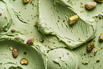 Sticker - Tasty pistachio ice cream, background, Top view