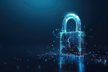 Creative digital polygonal open padlock hologram on blue background with mock up place. Safety, protection and security concept. Generative AI