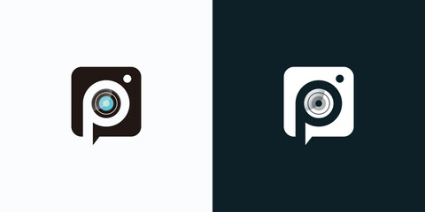 Poster - Vector logo design illustration of letter P and camera lens.
