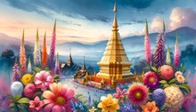 Watercolor Illustration Of Pagoda In Chiang Mai With Beautiful Colorful Flowers.
