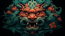 Balinese Motif Lion Illustration, Beautiful Carving , Very Fierce, Sharp Gaze, Red Colorful , Red , White , Generate AI