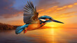 kingfisher in flight, sunset artwork