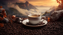 Hot Coffee With Beans In A Beautiful Asian Inspired Landscape