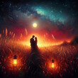 Romantic oil painting lovers on night field in tall grass by light of lanterns meeting starry night at sunset with big moon - Fantasy love art Modern impressionism painting.