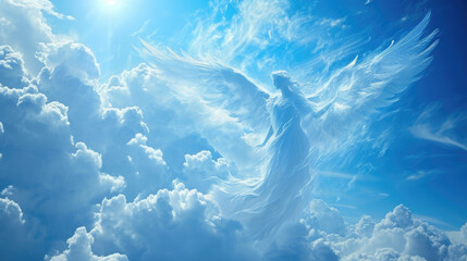 Angel spirit in blue sky with clouds. Generative AI