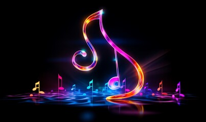 Sticker - musical note in neon colours with a modern, tech style and a dark background. Generative Ai


