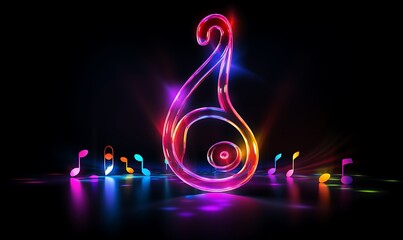 Sticker - musical note in neon colours with a modern, tech style and a dark background. Generative Ai


