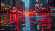 A downtown thoroughfare captured after a storm, its surfaces painted with the reflections of red brake lights and white headlights