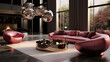 © Ruslan Gilmanshin - Pink velvet sofa in a luxurious living room interior with molding on pink walls and retro design
