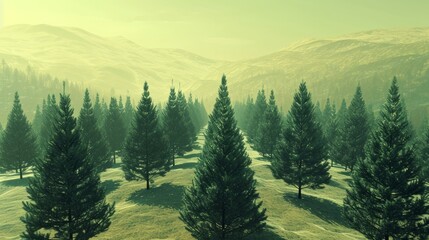 Wall Mural - Group of Pine Trees on Grassy Hill in Serene Nature Landscape