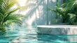 Top view of marble podium stand in swimming pool water with palm leaves. Summer tropical background for luxury product placement.