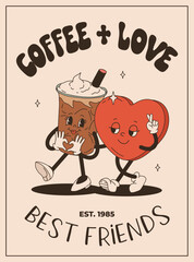 Wall Mural - Valentine's Day vintage poster. Happy retro characters. Old animation 50s, 60s 70s, groovy cartoon mascots of coffee and sweets, donut, cupcake, espresso, latte, cocoa, cake. present.